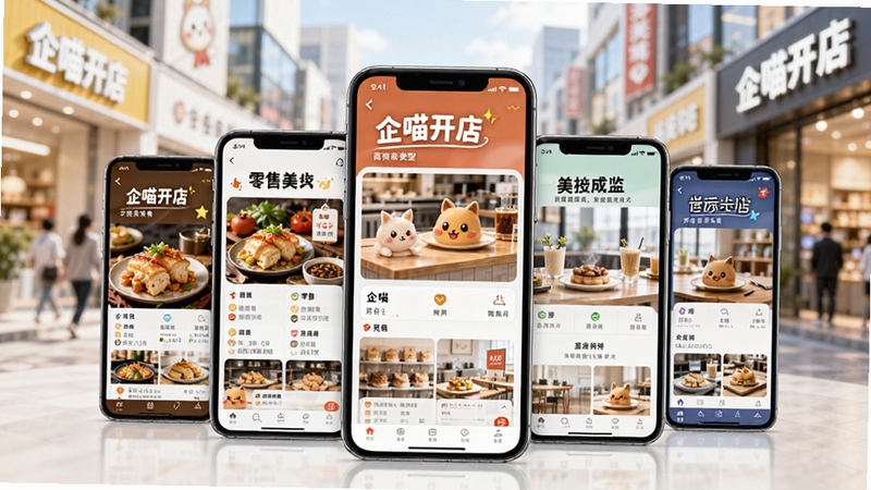 企喵开店 适用商家类型 手机展示不同行业店铺界面 画面主体为多部手机排列展示餐饮零售美业等场景 背景为明亮的商业街区虚化 突出多行业适配性