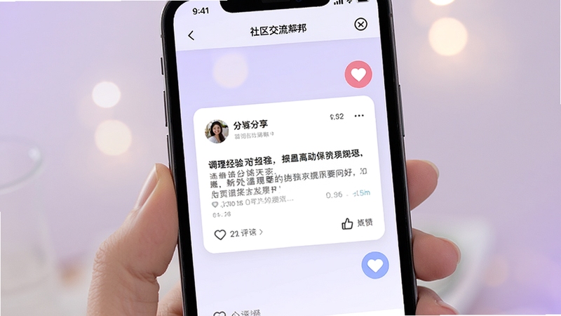 试管邦 社区交流页面,画面展示手机屏幕内用户分享的调理经验卡片与点赞评论图标,背景为淡紫色渐变,点缀柔和光斑,整体氛围温暖互助