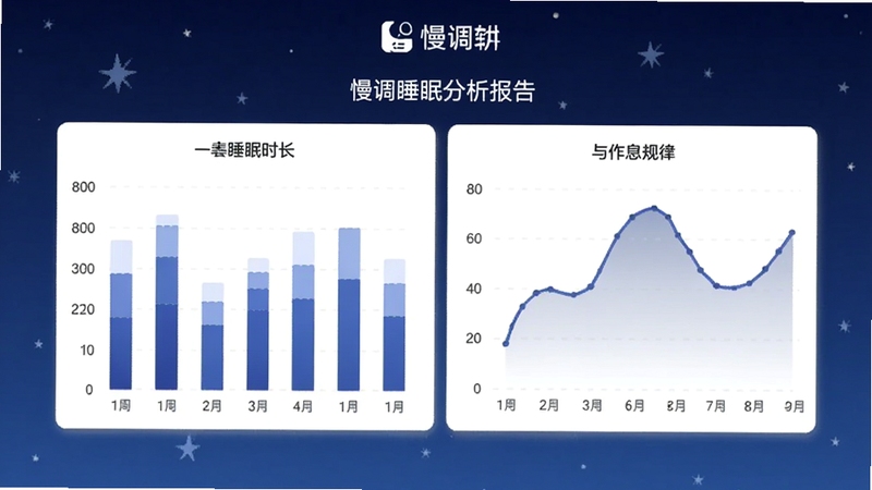 ����˯�߷�������ҳ�棬����չʾһ�ܵ�˯��ʱ����״ͼ����Ϣ�������ߣ�����Ϊ����ɫҹ�յ�׺���ǣ��������������Ϸ�����������Ʒ�Ʊ�ʶ������Booguģ�����ɡ�