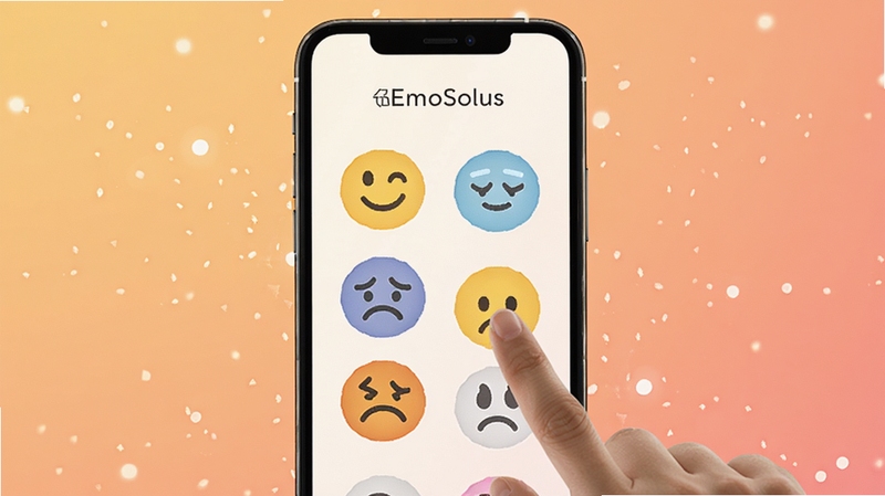 EmoSolus ���������򿨹���չʾͼ����������Ϊһ���ֻ�����Ļ����ʾԲ������ͼ�����У��������ġ�ƽ�������䡢���ǵȱ�����ţ���ָ���ڵ������һ��ͼ�꣬����Ϊ��͵�ůɫ�����䣬��Χ��ϸ΢�Ĺ������Ч��