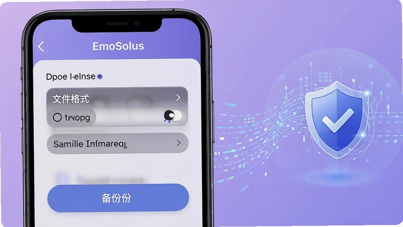 EmoSolus ���ݵ����뱸�ݹ��ܽ��棬�ֻ���Ļ��ʾ��������ҳ�棬�����ļ���ʽѡ���뱸�ݰ�ť������Ϊ����ɫ���䣬�����Ҳ��г�������������������ͼ�꣬�������ݰ�ȫ����������