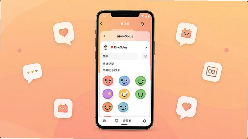 EmoSolus �ֻ�Ӧ�ý���չʾ����������Ϊһ��������׿�ֻ�����Ļ��ʾ������¼������ɫ�����ǩ������Ϊ���ůɫ�����䣬��Χɢ����Լͼ��Ԫ�أ������������ִ������� Boogu ģ������