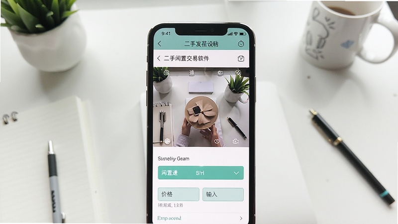 二手闲置交易软件发布商品页面截图风格,画面主体为手机界面展示拍照上传与价格输入框,背景为简洁桌面与文具摆设,色调清新自然,突出便捷发布闲置物品功能