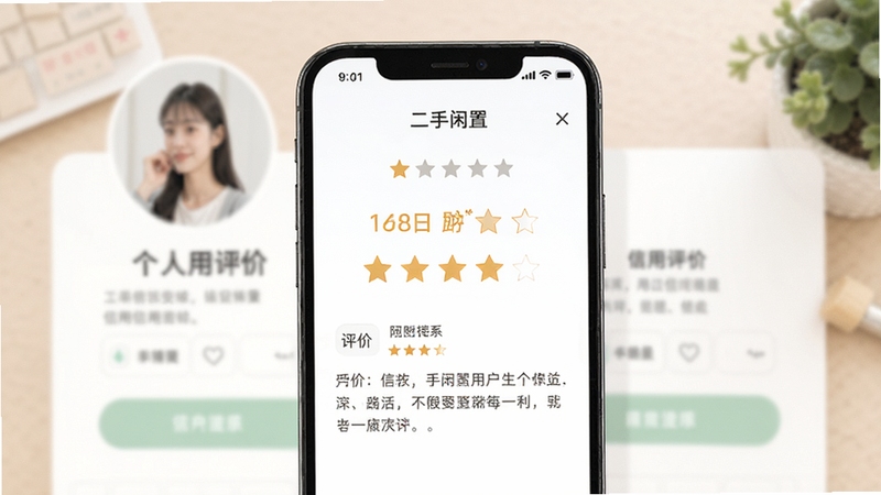 二手闲置交易用户信用评价页面,画面主体为手机屏幕显示星级评分与评价文字,背景为简约个人主页,色调柔和,突出信用体系与评价功能