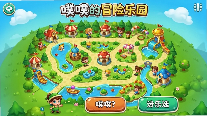噗噗的冒险乐园游戏主界面截图,展示乐园地图和角色选择按钮,画面清晰色彩鲜艳,用于下载页面预览