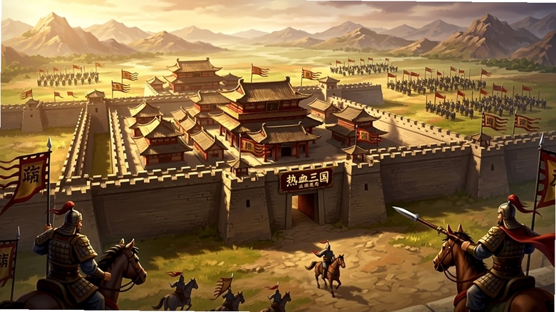 一幅展现热血三国(正版复刻)宏大世界观的数字插画,画面正中央是一座雄伟的中国古代城池,城墙高耸,旌旗猎猎,城门上方悬挂着热血三国(正版复刻)的牌匾。背景区域是连绵的群山与辽阔的平原,远处有士兵列阵,近处有武将骑马持枪。整体色调以暖金与暗红为主,突出战争策略游戏的史诗感,适合作为下载站头图。