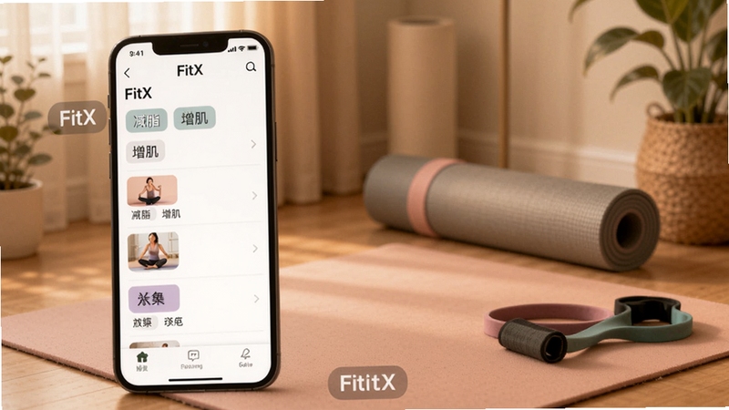 FitX个性化训练计划页面,手机屏幕显示FitX应用中的训练课程列表,包含减脂、增肌、瑜伽等分类标签,背景为温馨家庭健身角落,有瑜伽垫和弹力带,画面色调柔和温暖,UI设计简洁清晰
