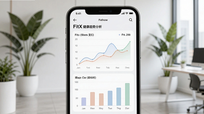FitX健康趋势分析图表界面,手机屏幕展示FitX应用中的折线图与柱状图,显示体重变化与运动时长统计,背景为现代简约办公室环境,有绿植点缀,画面清新自然,数据图表配色柔和易读