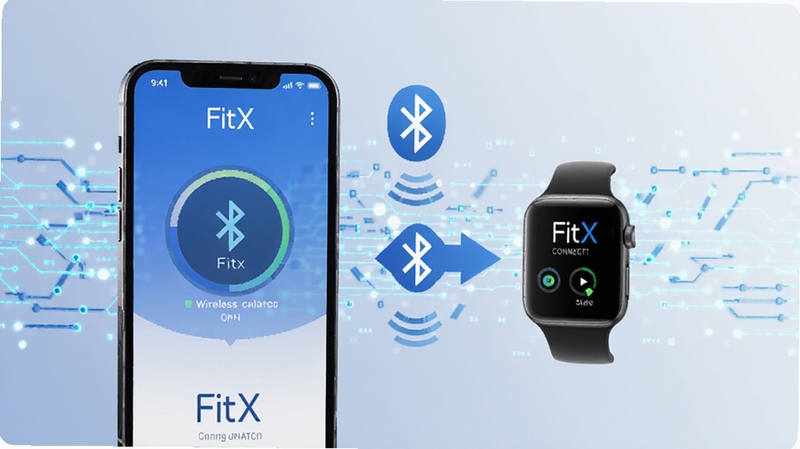 FitX设备数据同步示意图,手机屏幕显示FitX应用与智能手表连接状态,背景为科技感数据流线条,有蓝牙图标与同步箭头,画面简洁现代,蓝白色调为主,突出无线连接概念