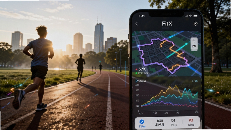 FitX运动数据记录界面,手机屏幕展示FitX应用的运动轨迹地图与配速曲线图,背景为城市公园跑道场景,有晨跑者剪影,画面动感十足,数据可视化图表清晰醒目,科技感与运动感融合