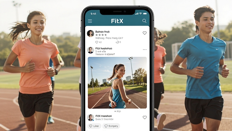 FitX运动社区互动界面,手机屏幕展示FitX应用的社区动态流,包含用户运动打卡照片与点赞评论,背景为户外运动场场景,有年轻人结伴跑步,画面阳光明媚,社交氛围浓厚