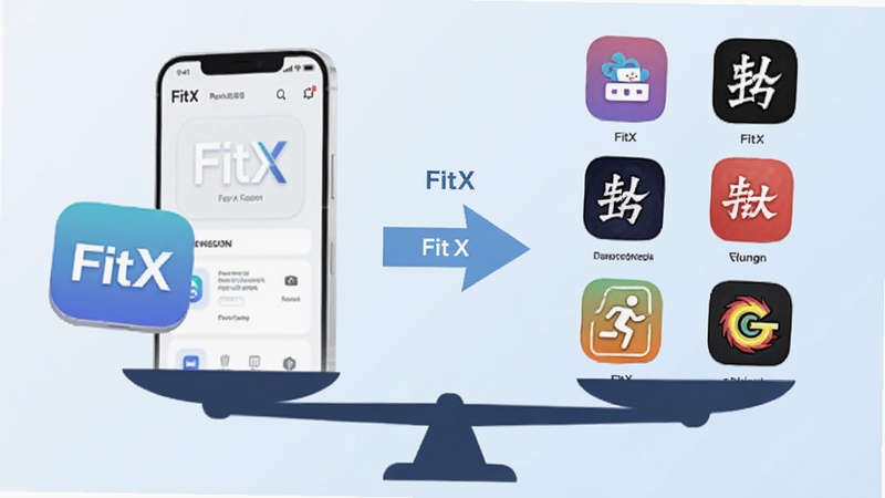 FitX与同类软件对比示意图,画面左侧为FitX应用图标与简洁界面,右侧为其他健身应用图标,中间用天平或对比箭头连接,背景为淡蓝色渐变,整体风格简约商务,突出FitX轻量优势