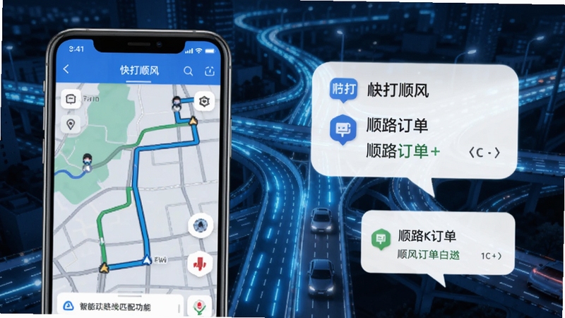 快打顺风车主智能路线匹配功能展示,画面左侧为手机屏幕显示路线规划图,右侧为顺路订单气泡提示,背景为城市道路网络,科技感蓝色光效,细节清晰,适合Boogu模型生成