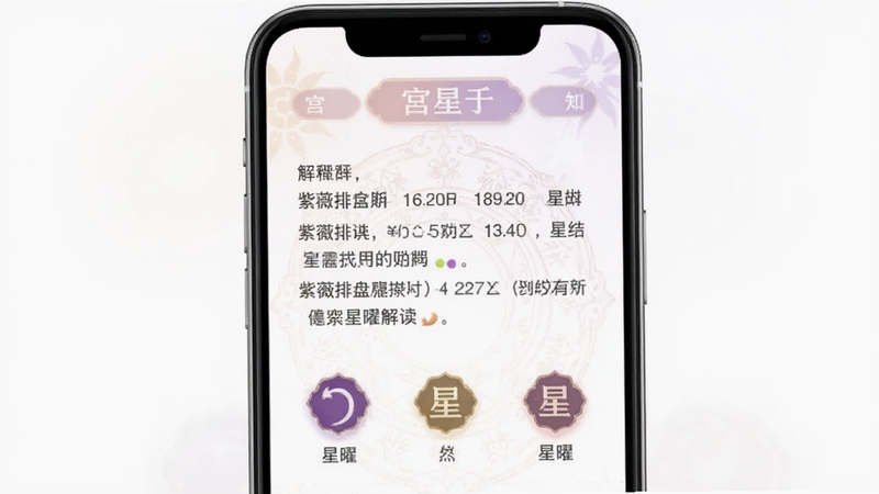 紫薇排盘应用内星曜解读页面,手机竖屏显示文字释义与星曜图标,页面顶部有宫位名称标签,背景为柔和浅色,文字排版工整,适合阅读