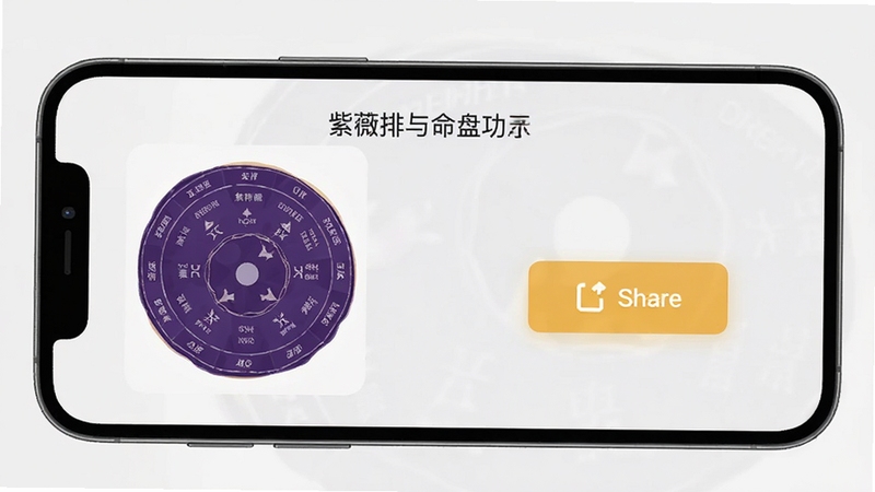 紫薇排盘命盘保存与分享功能展示,手机界面显示命盘缩略图与分享按钮,背景为浅灰色,图标设计简约,整体呈现工具类应用的操作感