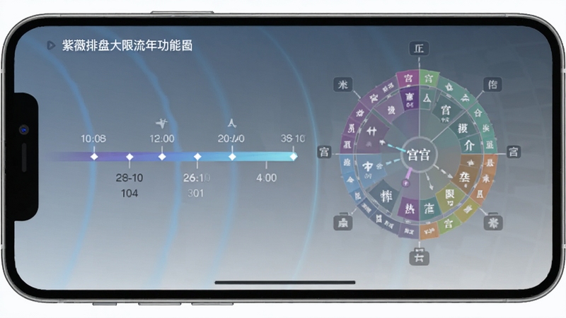 紫薇排盘大限流年功能界面,手机屏幕上显示时间轴与宫位变化图示,色彩以蓝灰渐变为主,界面布局清晰,突出时间流动感