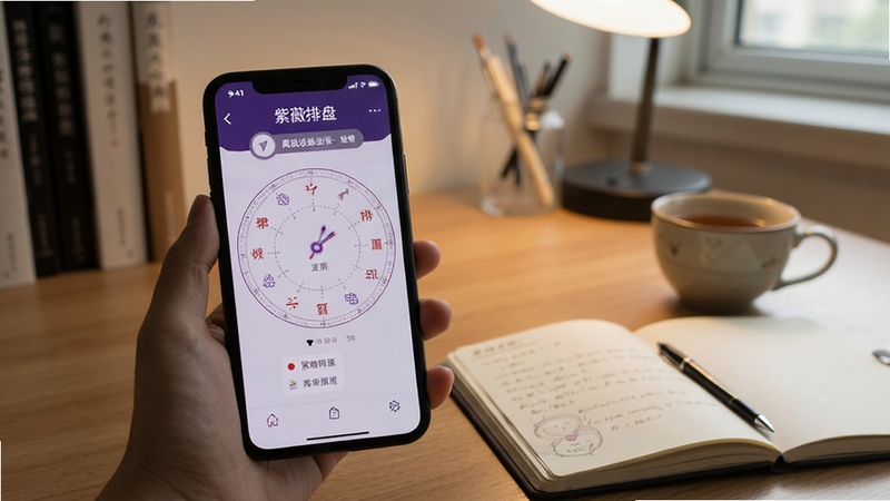 紫薇排盘离线使用场景,手机屏幕显示排盘结果,周围环境为室内书桌,旁边放有笔记本与茶杯,整体氛围安静,突出个人隐私与便捷性