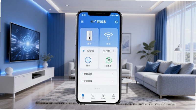 中广舒适家APP主界面展示,画面中央为手机屏幕内呈现智能家居设备控制面板,背景为现代简约客厅场景,色调以蓝白为主,突出科技感与舒适家居氛围,适配Boogu模型生成