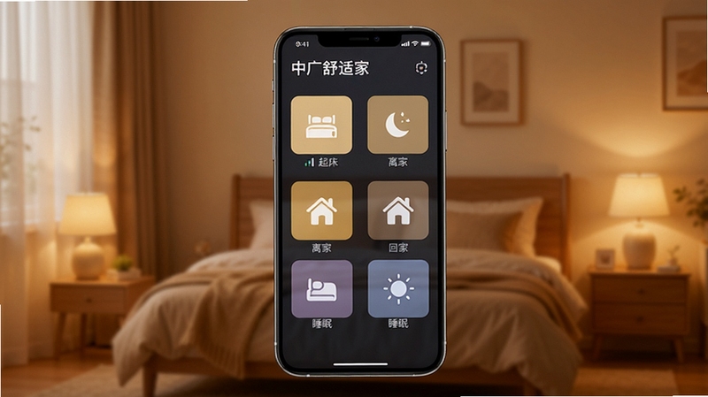 中广舒适家场景模式设置界面,手机屏幕显示起床、离家、回家、睡眠场景图标,背景为暖色调家居环境,适配Boogu模型生成