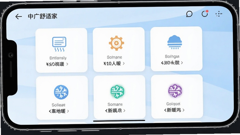 中广舒适家多设备集中管控界面,手机屏幕显示设备卡片列表,包含空气能、地暖、新风图标,背景为淡蓝色渐变,风格简洁商务,适配Boogu模型生成