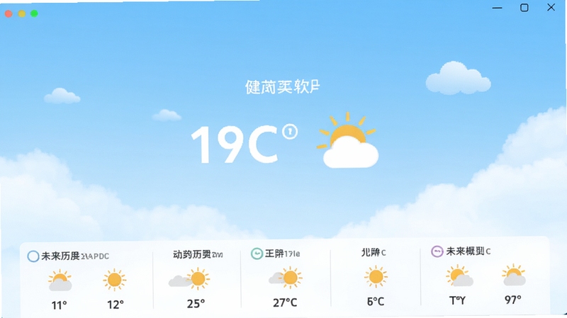 健茂天气软件主界面全貌展示,画面中央为当前城市实时温度与天气图标,背景区域为浅蓝色渐变天空与白色云朵,底部显示未来几天预报概览,整体风格清新简洁,适配Boogu模型生成。