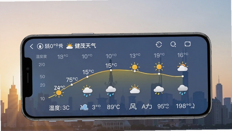 健茂天气实时预报界面,画面主体为手机屏幕显示逐小时温度曲线与天气图标,背景为城市天际线剪影与柔和晨光,细节包含湿度与风力数值,突出精准预报功能,带软件名称健茂天气。