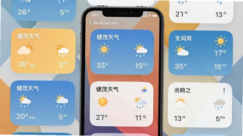 健茂天气多城市管理与桌面小组件展示,画面主体为手机桌面排列多个城市天气小组件,背景为简约几何纹理桌面壁纸,细节包含不同城市名称与温度,带软件名称健茂天气。