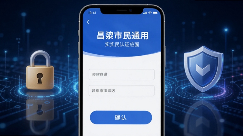昌黎市民通应用在手机上的实名认证界面截图,界面简洁,有输入框和确认按钮,周围有安全锁图标和盾牌元素,科技感背景