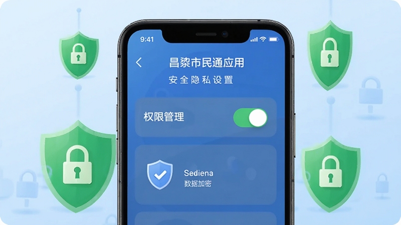 昌黎市民通应用的安全隐私设置页面,显示权限管理开关和数据加密图标,手机界面周围有绿色盾牌和锁形图案,背景为浅蓝色渐变