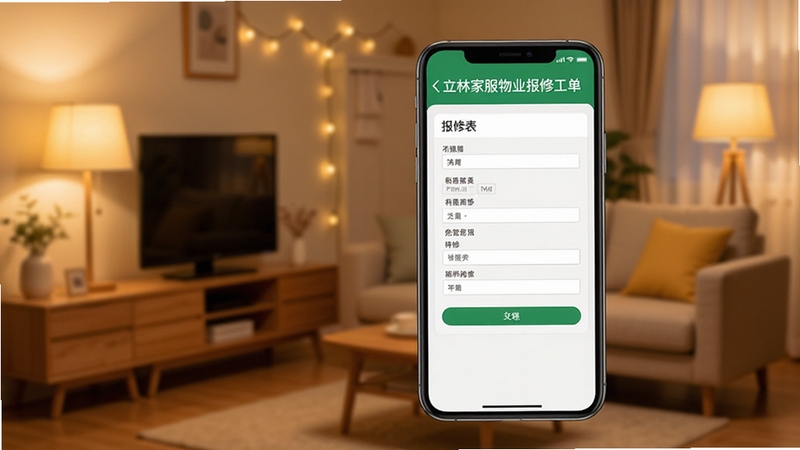 立林家服物业报修工单提交界面,画面主体为手机屏幕显示报修表单填写页面,背景区域为温馨家庭室内环境,暖色调灯光,整体呈现住户便捷报修的日常场景