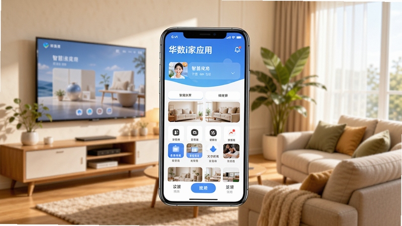 华数i家应用主界面全貌展示,画面中央是手机屏幕呈现软件首页,背景为现代家庭客厅场景,包含电视、沙发与绿植,整体色调温暖明亮,突出智慧家庭氛围