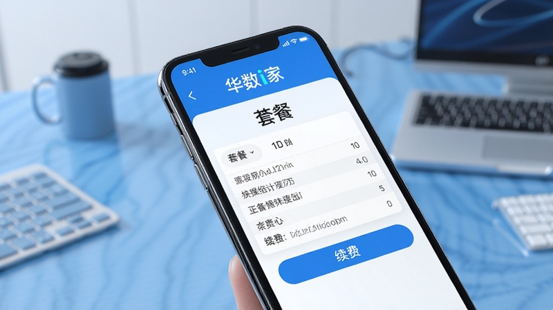 华数i家业务办理界面特写,手机屏幕显示套餐详情与续费按钮,背景为简洁的蓝色调办公桌面,画面风格干净商务