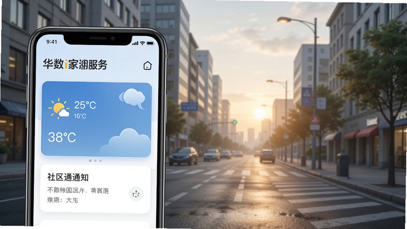 华数i家生活服务板块界面,手机屏幕显示天气与社区通知卡片,背景为清晨的城市街景,色调清新自然