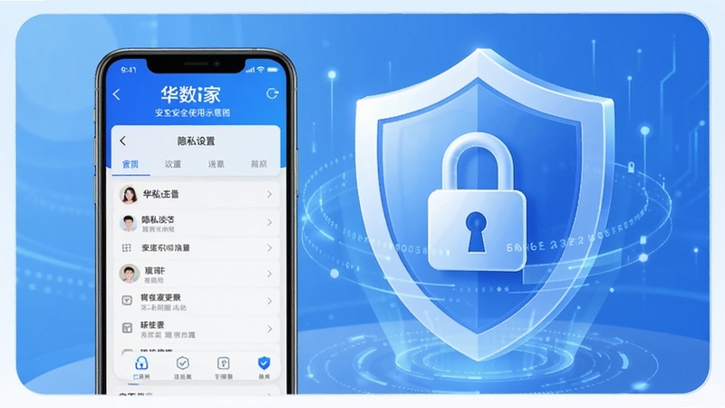 华数i家安全使用示意图,手机屏幕显示隐私设置页面,背景为盾牌与锁的抽象图形,色调以蓝色和白色为主,传递安全可靠感