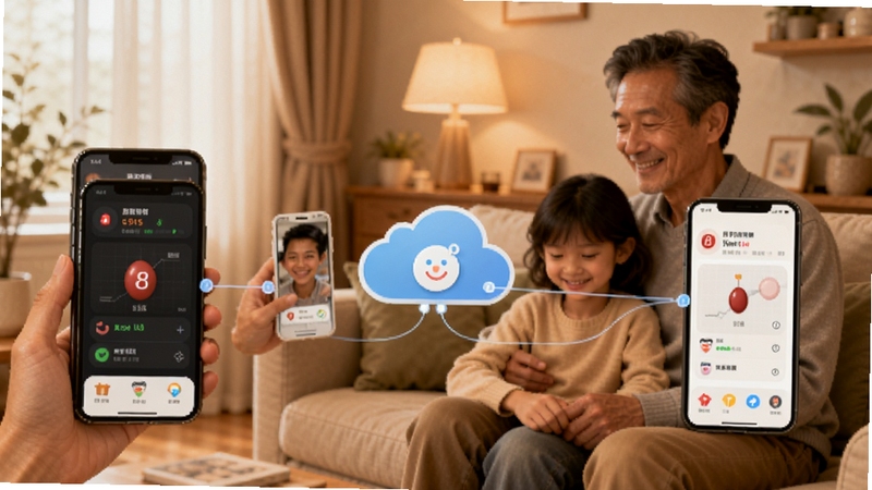 硅基动感健康App亲友共享功能示意图,展示多部手机通过云端连接共享血糖数据,家庭场景背景,温馨暖色调,突出远程关怀与数据同步