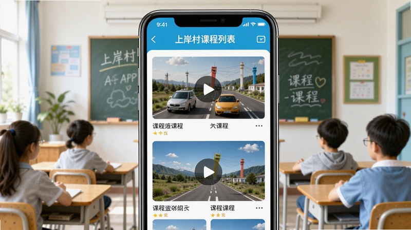上岸村APP课程列表界面,手机屏幕显示多个视频课程封面与标题,背景为明亮教室场景,黑板上有粉笔字迹,画面传递出在线学习与知识获取的积极氛围