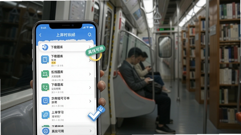 上岸村APP离线模式示意图,手机屏幕显示已下载题库列表与离线可用标识,背景为地铁车厢或图书馆角落,画面安静专注,突出随时随地可学习的便捷性