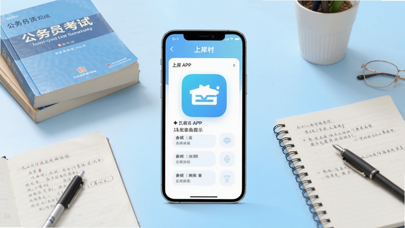 上岸村APP主界面展示,手机屏幕居中放置,背景为浅蓝色渐变书桌场景,桌上散落公务员考试教材与笔记,整体色调清新明亮,突出学习备考氛围,画面简洁有层次,适合Boogu模型生成