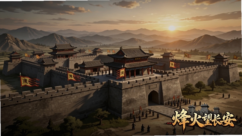烽火望长安游戏主界面全景预览图,画面中央是雄伟的古代城池,城墙上旗帜飘扬,背景是连绵山脉与夕阳余晖,画面右下角有烽火望长安游戏logo标识,整体风格写实国风,色彩厚重,适配Boogu模型生成