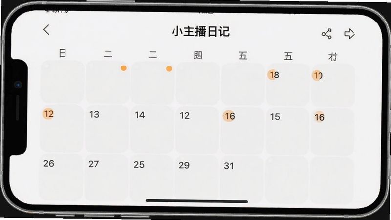 手机屏幕显示小主播日记的日历视图,有日记的日期用橙色圆点标记,背景为浅灰色,界面干净清爽,适配Boogu模型生成