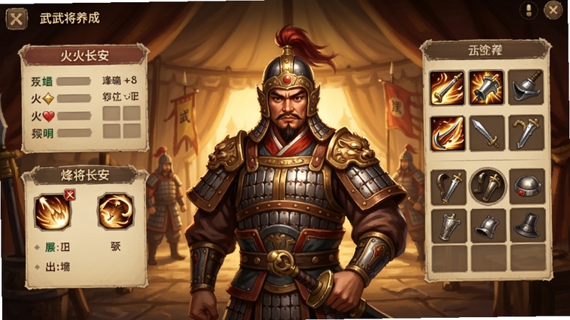 烽火望长安武将养成界面示意图,画面中展示一位身披铠甲的古代将领,周围环绕着属性面板、技能图标与装备栏位,背景为军营帐内场景,整体色调偏暖,适配Boogu模型生成