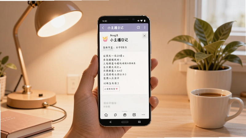 画面中央展示一部安卓手机,屏幕显示小主播日记的日记编辑界面,背景为温馨的书桌一角,有台灯、绿植和咖啡杯,整体色调柔和温暖,适配Boogu模型生成