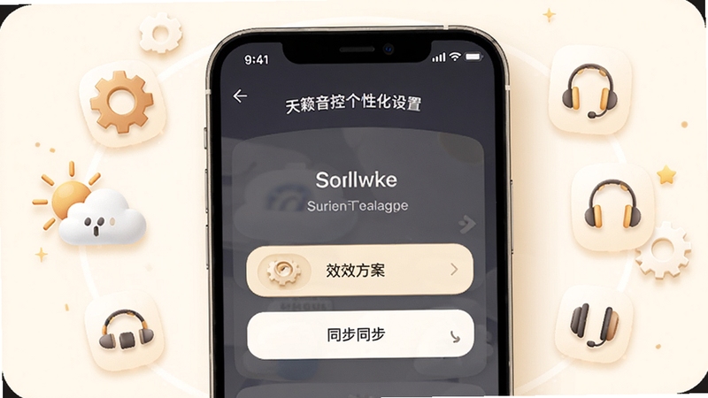 天籁音控个性化设置页面,画面中心为手机屏幕展示音效方案保存与同步选项,周围环绕齿轮、云朵、耳机等小图标,背景为柔和的米白色调,整体风格简洁温馨