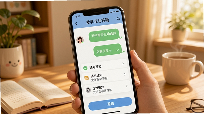 爱学互动答疑消息通知界面,手机屏幕展示聊天式问答与通知列表,温馨学习场景