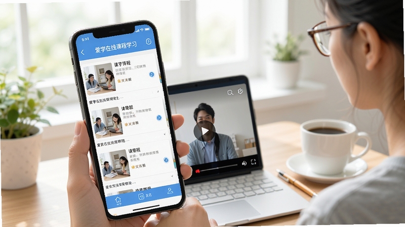 爱学在线课程学习界面,手机屏幕展示课程列表与视频播放页,画面明亮清新,学习氛围浓厚
