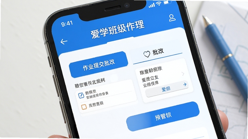 爱学班级作业管理界面,手机屏幕显示作业提交与批改页面,简洁教育风格,蓝白配色