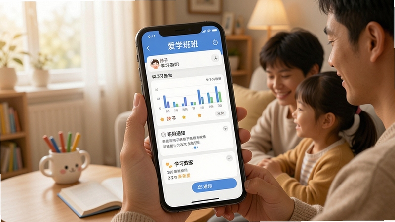 爱学班班家长端查看学习报告界面,手机屏幕展示孩子学习数据与班级通知,温馨家庭场景