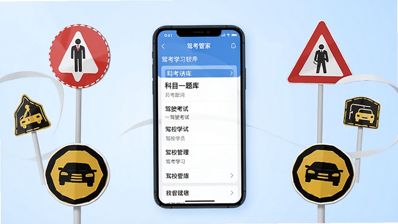 驾考管家 手机应用界面 驾考学习软件 科目一题库 驾驶考试 驾校学员 手机屏幕展示 蓝色主题 学习场景 清晰明亮 扁平化设计风格 居中构图 背景为淡蓝色渐变 手机屏幕显示题库练习页面 周围环绕交通标志元素 整体画面简洁专业