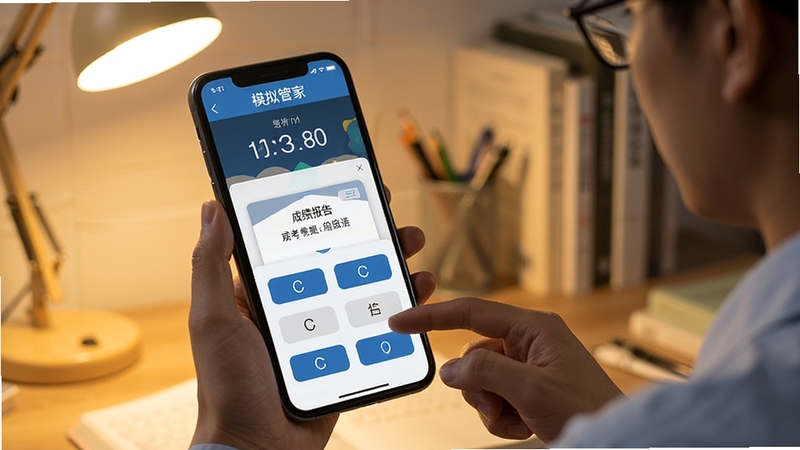 驾考管家 模拟考试界面 手机屏幕显示考试题目 四个选项按钮 倒计时显示 成绩报告弹窗 驾考学员正在查看手机 桌面学习环境 暖色调灯光 画面清晰 写实风格 突出考试场景