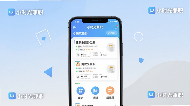 整体展示小时光兼职APP的品牌全貌,画面中央放置一部智能手机,手机屏幕显示小时光兼职的首页界面,界面中包含兼职任务列表和分类图标,背景区域采用柔和的浅蓝到浅灰渐变,四周点缀简约的几何图形和小时光兼职的文字标识,整体风格清新明亮,适配Boogu模型生成